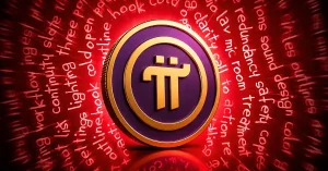 Pi Network coin on a red background.