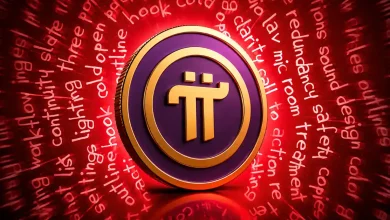 Pi Network coin on a red background.