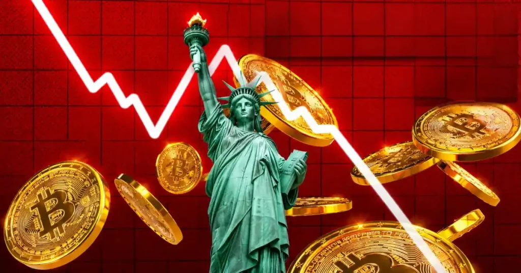 Statue of Liberty and falling Bitcoin on red background.