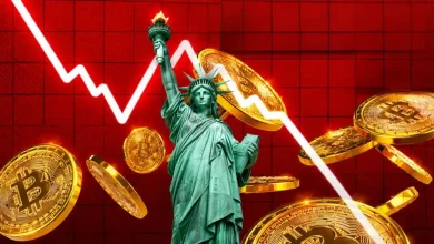 Statue of Liberty and falling Bitcoin on red background.