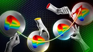 Hands passing Curve DAO rainbow logo coins.