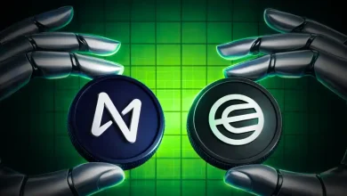 Robot hands holding Near and Worldcoin tokens.