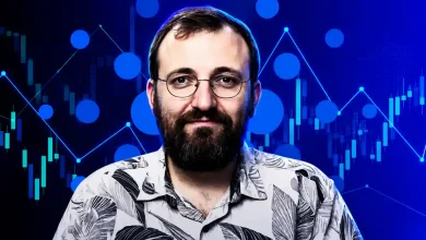 Charles Hoskinson with blue crypto market chart background.