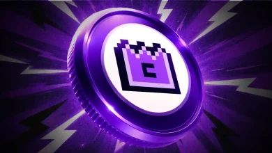 Purple Memecore crypto coin with lightning bolt background.