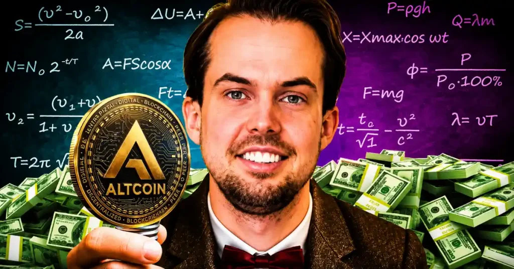 Michaël van de Poppe holding gold altcoin coin with equations.