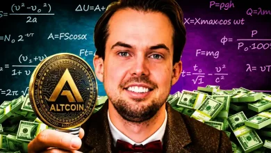 Michaël van de Poppe holding gold altcoin coin with equations.