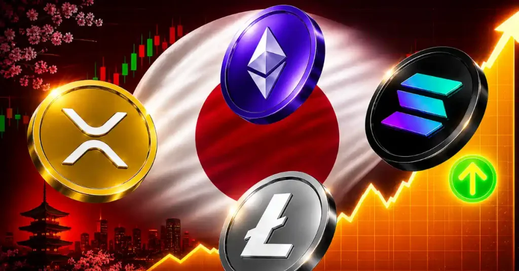 Top altcoins over waving flag of Japan.