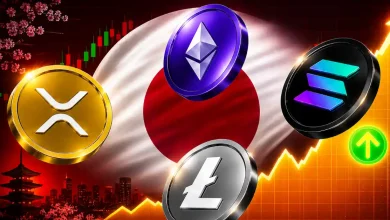Top altcoins over waving flag of Japan.