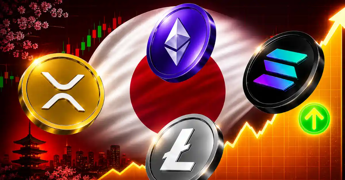 Top altcoins over waving flag of Japan.