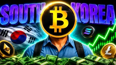 Bitcoin coin over person with South Korea flag.