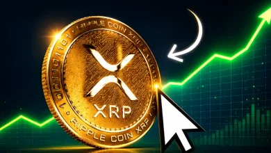 Gold XRP coin with rising green chart.