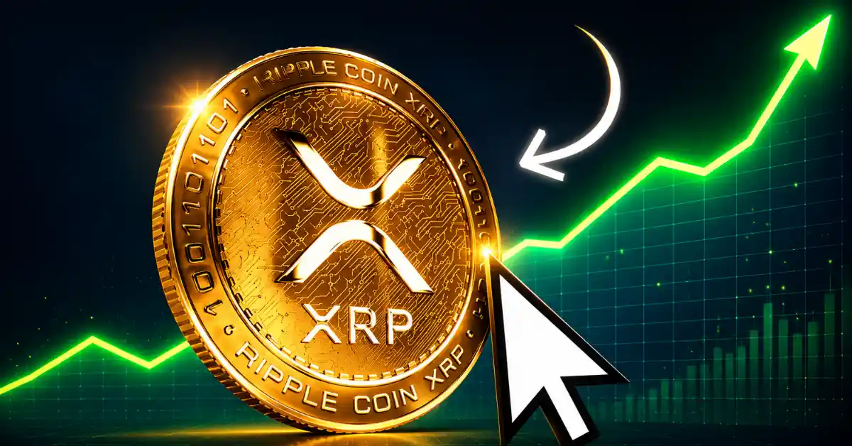 Gold XRP coin with rising green chart.