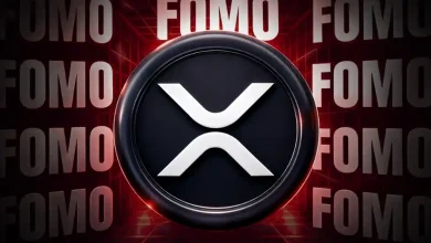 Silver XRP coin surrounded by the word FOMO.