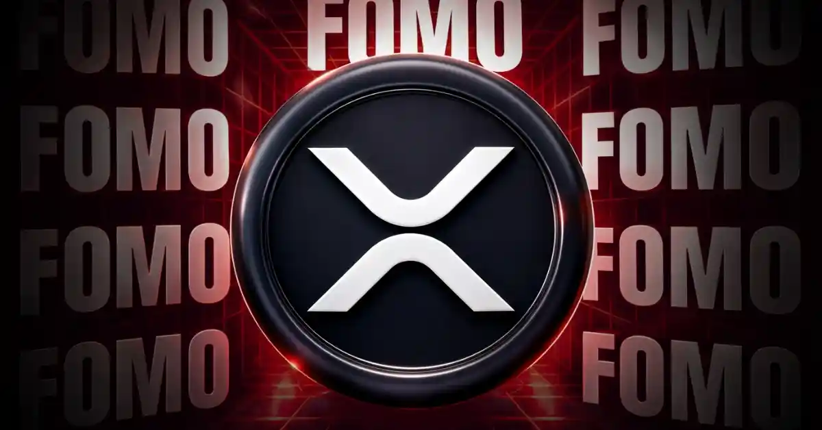 Silver XRP coin surrounded by the word FOMO.
