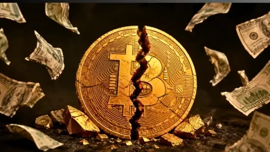 Cracked golden Bitcoin coin with flying dollar bills.