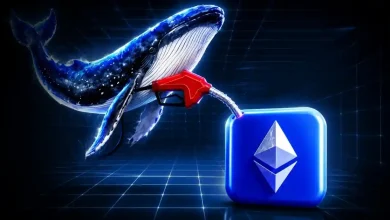 Crypto whale fueling an Ethereum logo block.