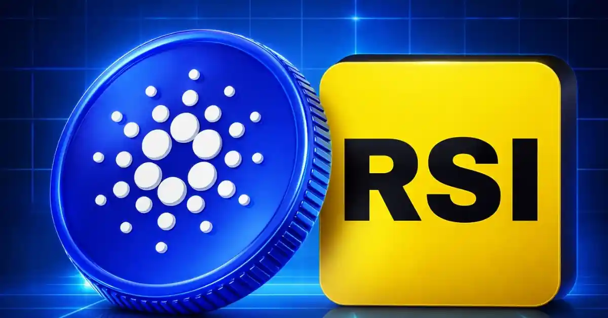 Blue Cardano coin next to yellow RSI block.