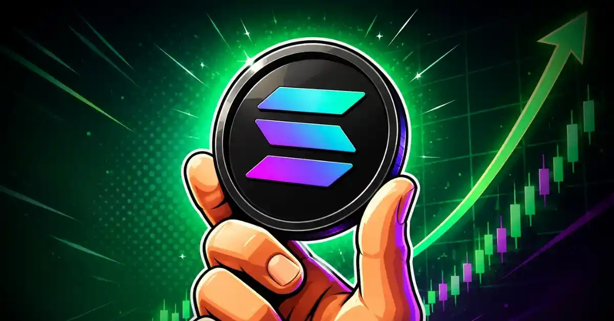 Hand holding Solana coin with rising chart.