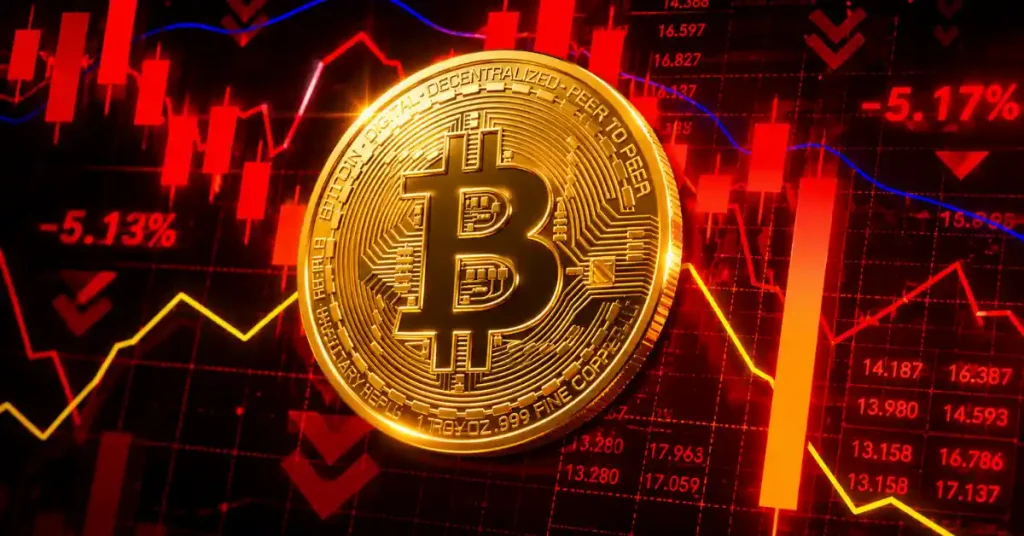 Golden Bitcoin coin on red bearish market chart.