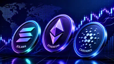 Solana, Ethereum, and Cardano coins with rising crypto chart.