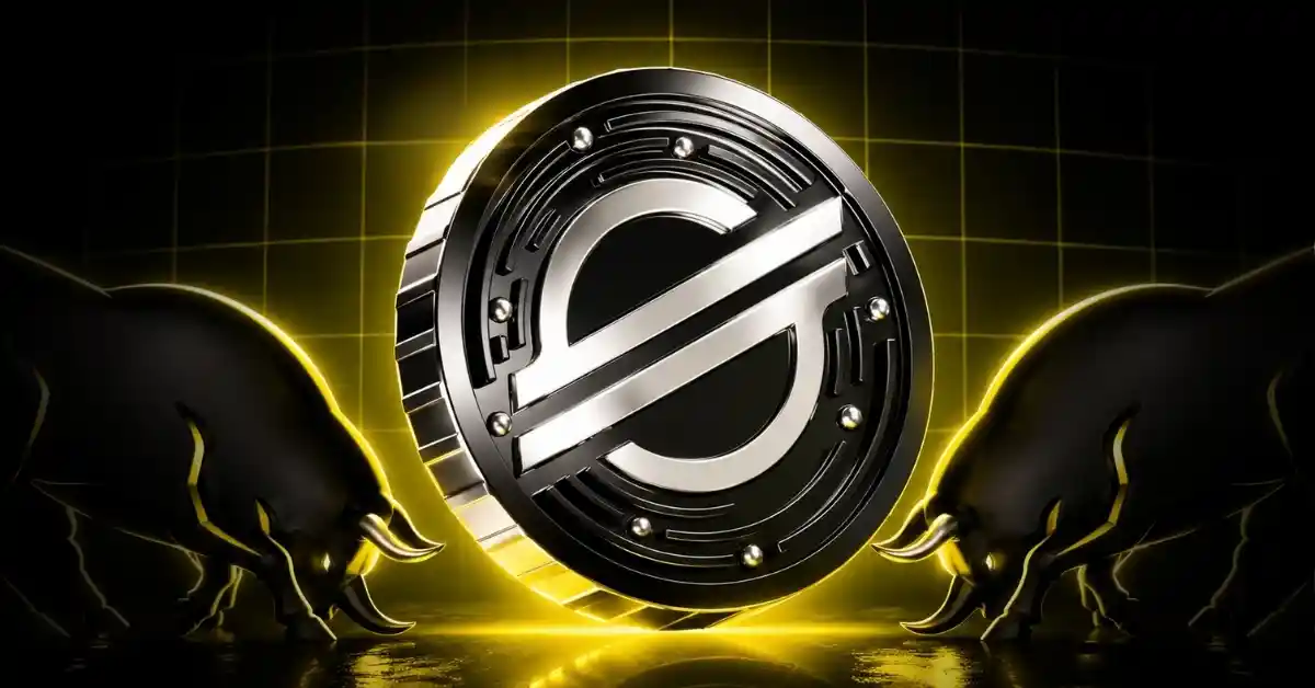 Stellar coin between two charging market bulls.