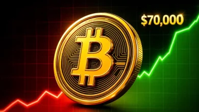 Golden Bitcoin coin on a rising green market chart.