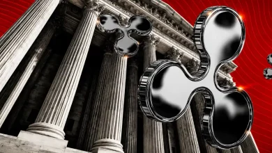 Silver XRP logos floating near government pillars.