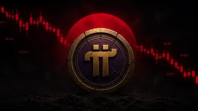 Cracked golden Pi coin on falling red chart.