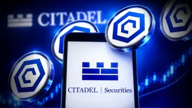 Citadel Securities logo phone screen with floating Cronos coins.
