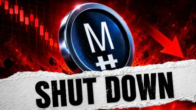 MemeCore M coin behind a SHUT DOWN sign.