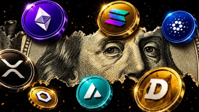 Top altcoins floating over a torn US dollar bill.