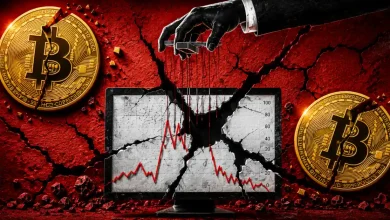 Cracking Bitcoin coins next to a broken chart screen controlled by a puppet master.