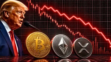 Donald Trump speaking next to falling Bitcoin, Ethereum, and XRP coins.
