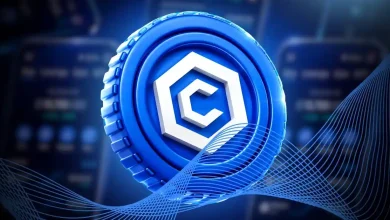 Blue Cronos CRO coin floating over a market line.