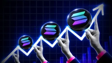 Hands pointing upward toward floating Solana SOL coins.