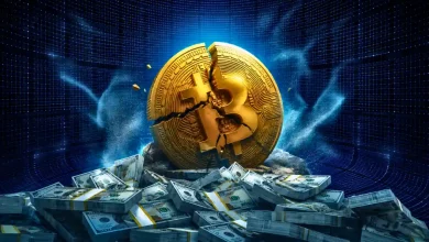 Cracked Bitcoin coin behind stacks of cash.