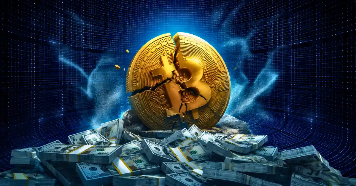 Cracked Bitcoin coin behind stacks of cash.