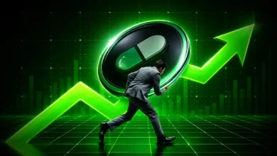 Businessman pushing a pill-shaped crypto token up a green arrow chart.