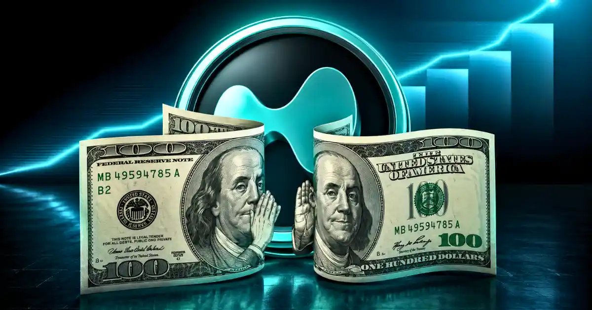 S dollar bills whispering in front of Hyperliquid HYPE token.