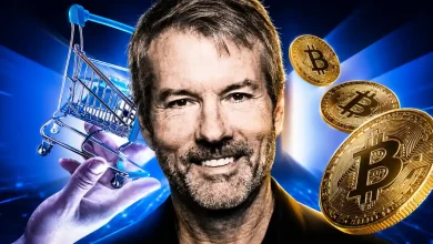 Michael Saylor smiling with a shopping cart and golden Bitcoin coins on a blue background.