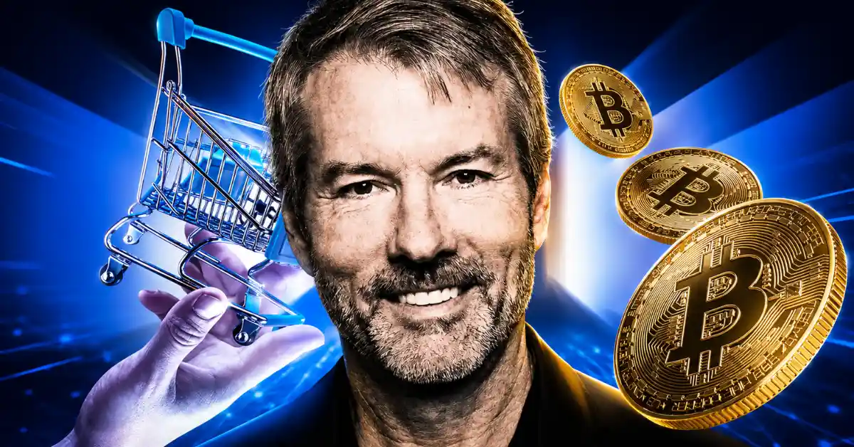 Michael Saylor smiling with a shopping cart and golden Bitcoin coins on a blue background.