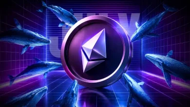 Large 3D Ethereum coin surrounded by swimming whales in a neon grid room.