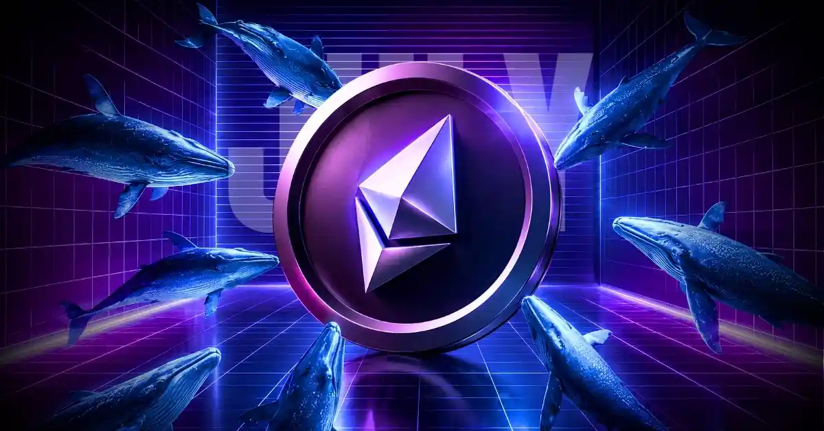 Large 3D Ethereum coin surrounded by swimming whales in a neon grid room.