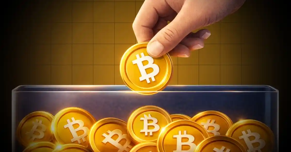 Hand placing a golden Bitcoin token into a transparent glass container filled with coins.