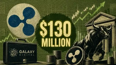 Ripple logo beside a bull, $130 million text, and Galaxy Digital briefcase.