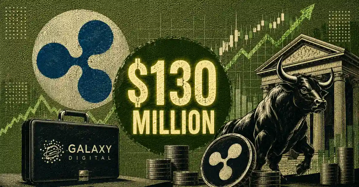 Ripple logo beside a bull, $130 million text, and Galaxy Digital briefcase.