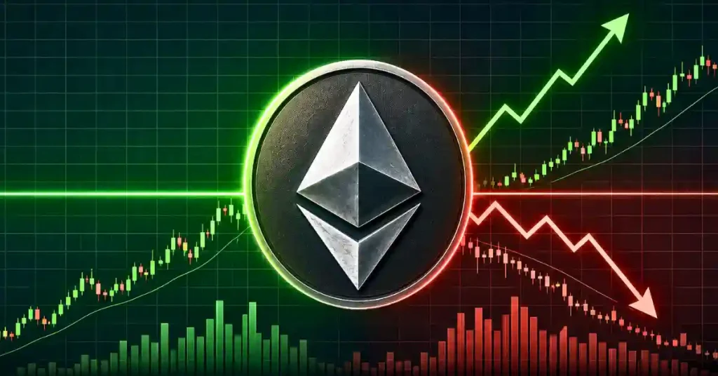 Ethereum coin centered between rising green and falling red trading charts.