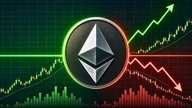 Ethereum coin centered between rising green and falling red trading charts.