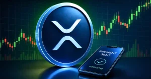 Blue XRP coin beside a smartphone showing a completed payment notification.