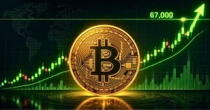 Golden Bitcoin coin in front of a green rising price chart pointing to 67,000.